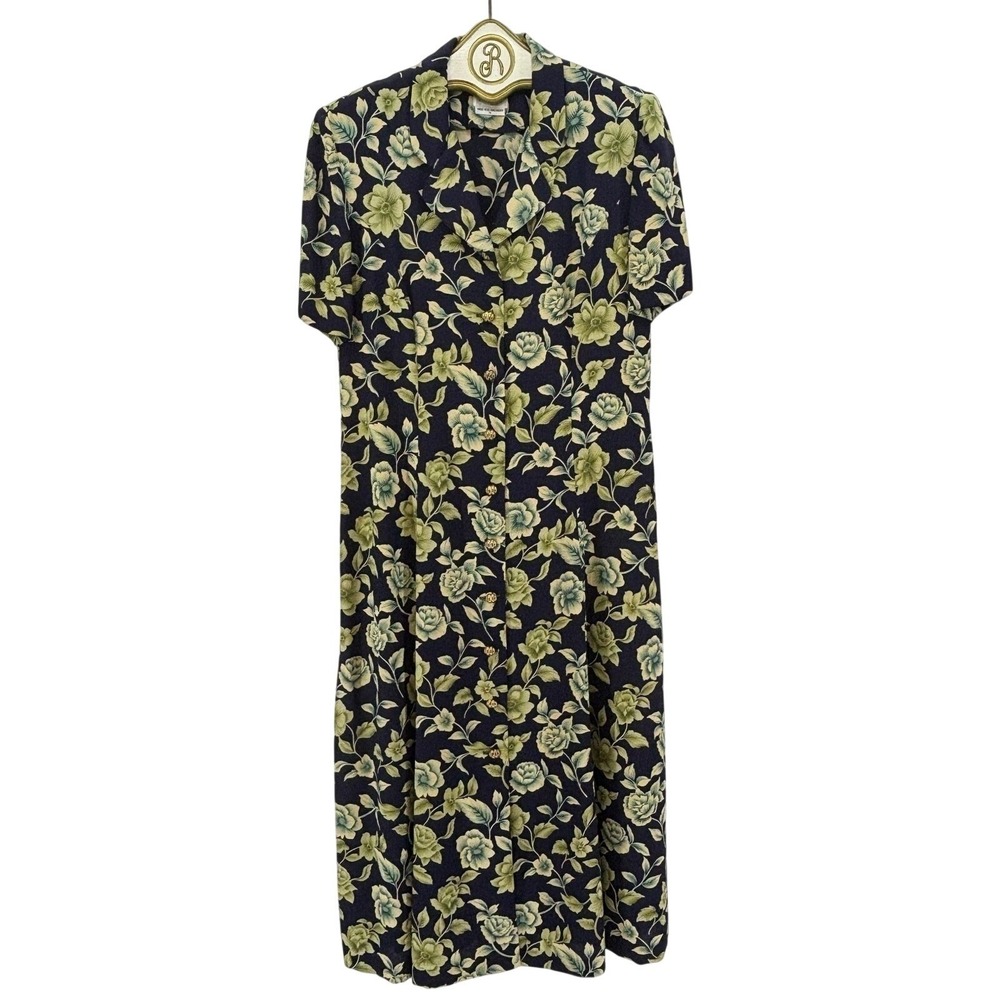 90s Vintage Floral Maxi Dress Blue Retro Casual Button Up Boho Cottage size 14